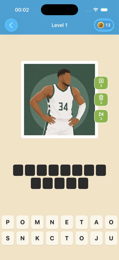 Guess screen with letter bank and hints